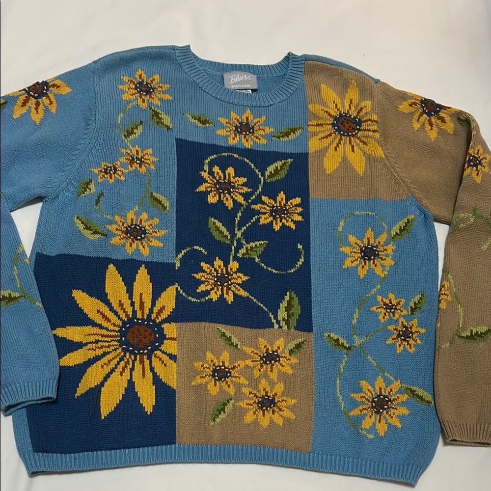 Blair Floral Patterned Sweater - Blue and Tan size L Cotton/Ramie